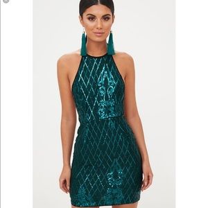 EMERALD GREEN SEQUIN FRONT BODYCON DRESS